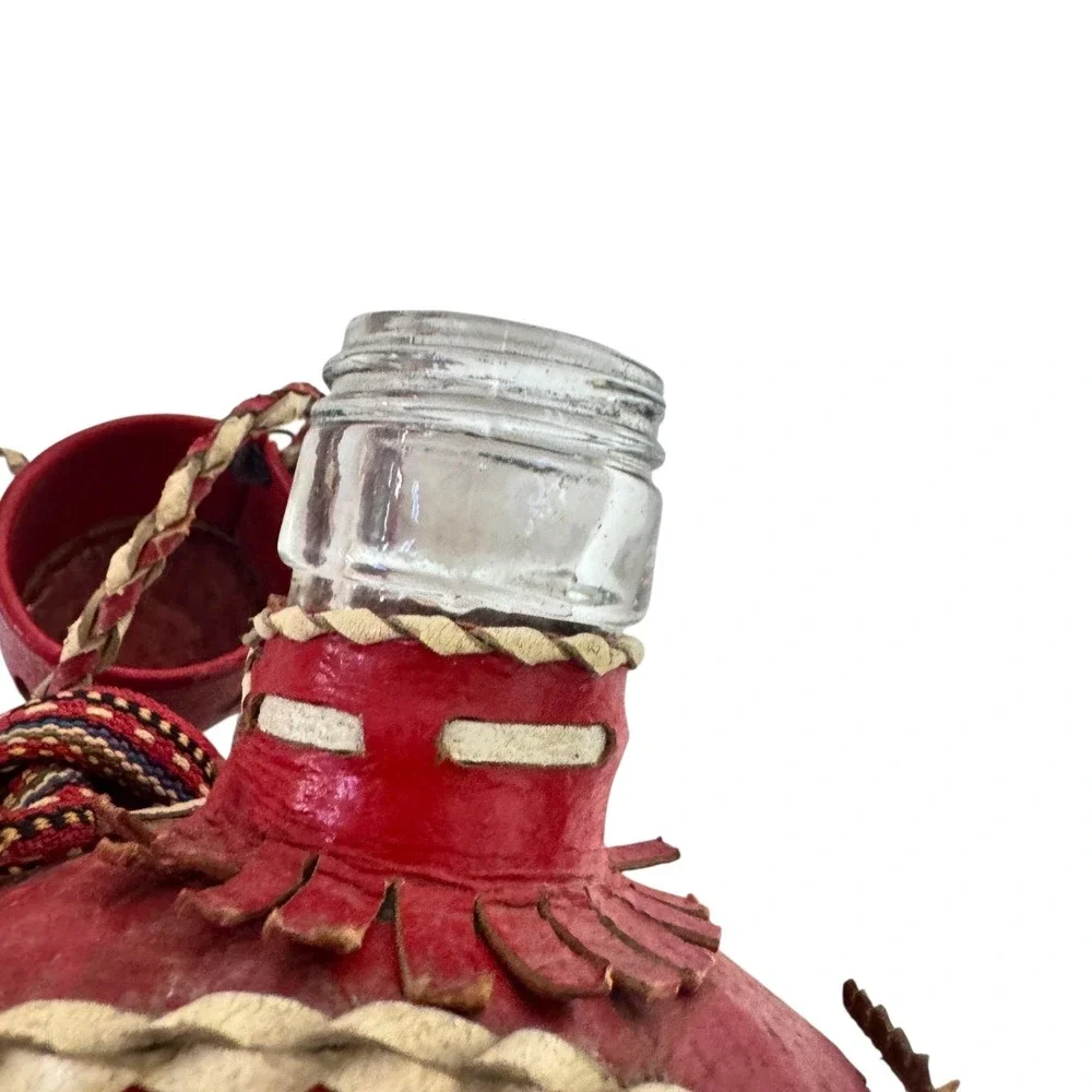 Vintage Red Leather Wrapped Glass Canteen Woven Strap Southwestern Folk Art Boho